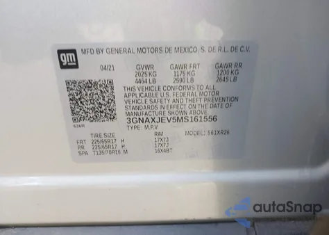 2021 Chevrolet Equinox Fwd 2Fl из США, поврежденный, VIN 3GNAXJEV5MS161556